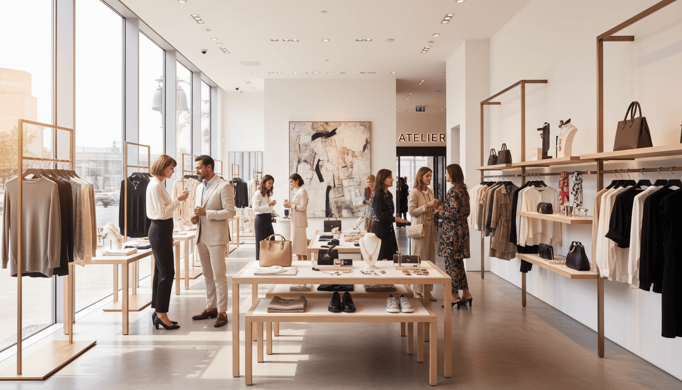Modern retail store with diverse customers browsing luxury apparel on wooden displays under natural light.