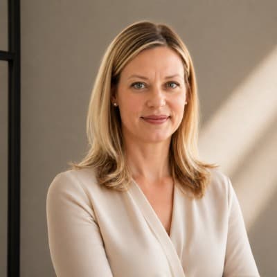 Professional headshot of a blonde woman wearing a cream blouse against a neutral, soft-lit background.
